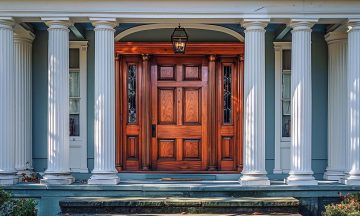 ai-generated-the-main-entrance-door-of-the-house-features-a-charming-wooden-front-door-with-a-gabled-porch-and-landing-photo